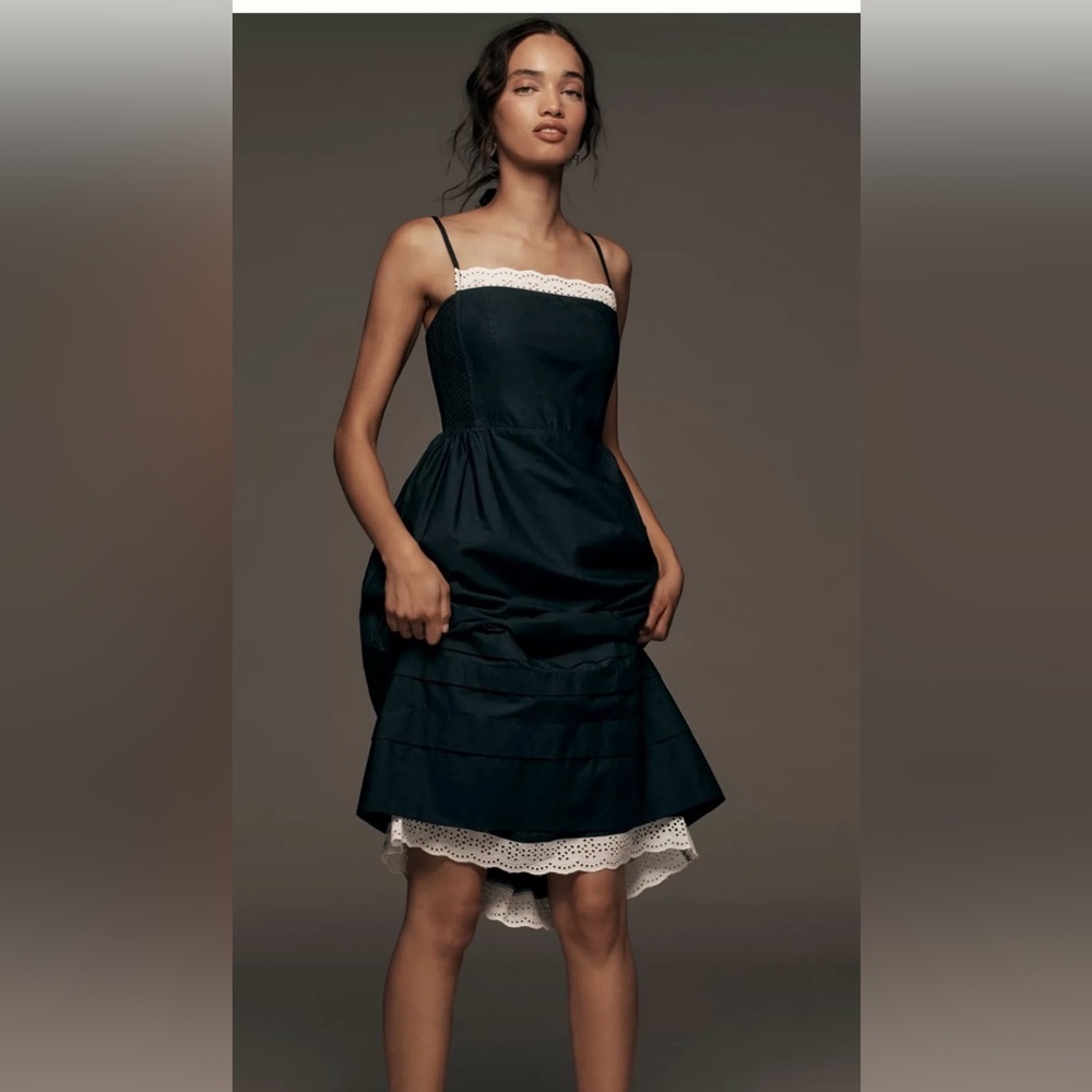 Anthropologie 100% Cotton Navy High-Low Dress with White Eyelet Trim